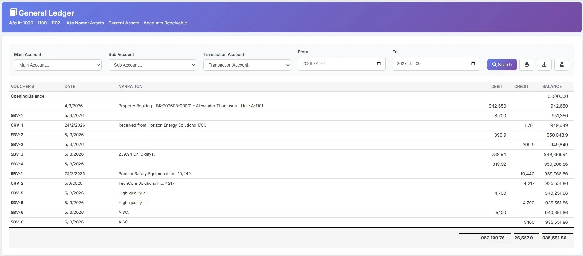 Biznsbook general ledger with double-entry transactions and account balances