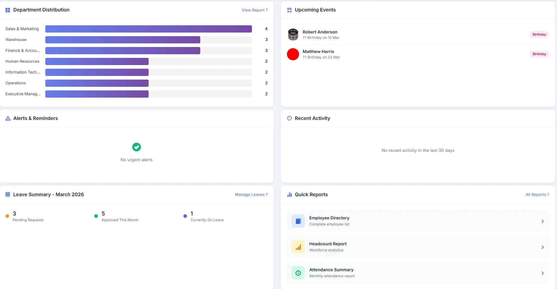 Biznsbook HR attendance and leave dashboard with daily records and leave balances