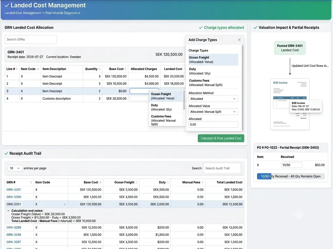 GRN screen with landed cost allocation