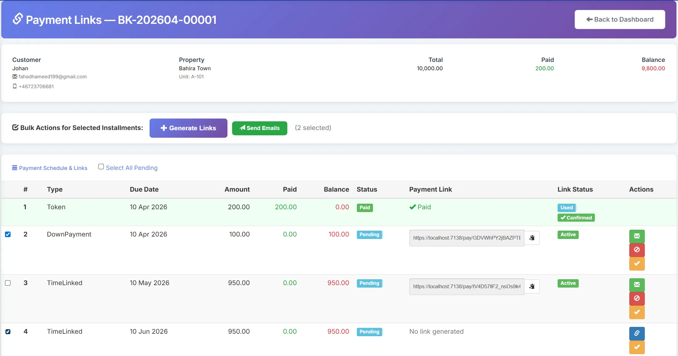 Biznsbook online payment link generation for real estate installments