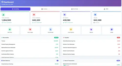 Biznsbook finance and accounting dashboard showing revenue, expenses, and real-time financial reports