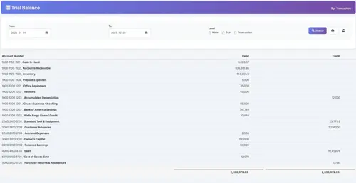 Biznsbook trial balance report with debit and credit columns ensuring balanced books