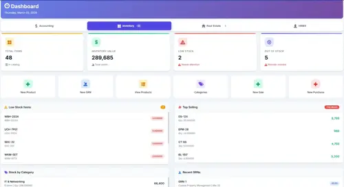 Biznsbook inventory management dashboard showing real-time stock levels and movement tracking