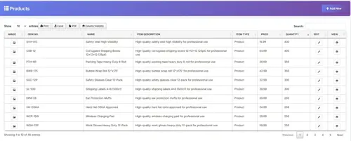 Biznsbook product detail view with pricing tiers, stock levels, and category information