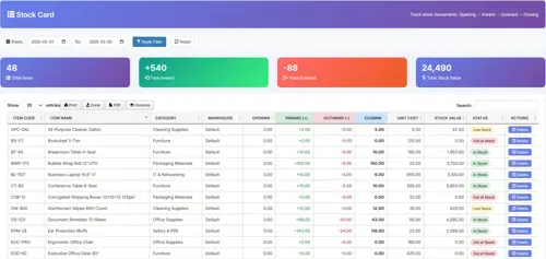 Biznsbook individual stock card with movement history, opening and closing balances