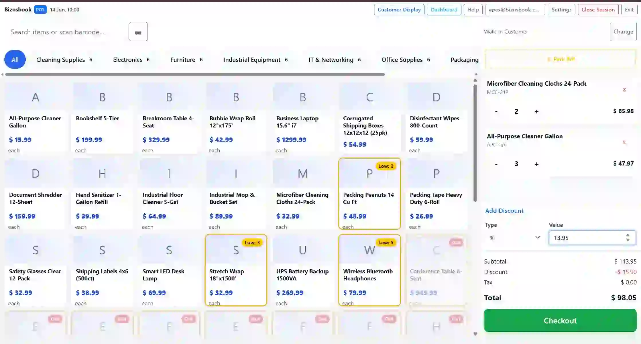 Biznsbook point of sale terminal with product categories, cart, payment options, and checkout controls for fast retail billing