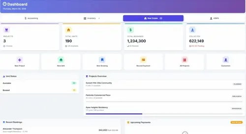 Biznsbook real estate dashboard with project tracking, unit status, and payment summaries