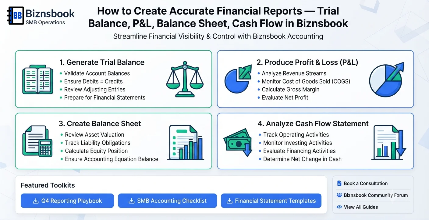 Controller reviewing trial balance, profit and loss, and cash flow reports