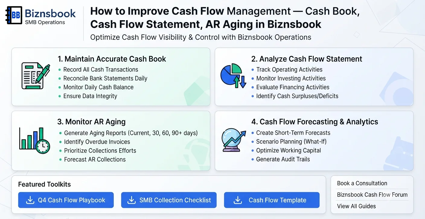 Finance lead reviewing cash book and projected inflows versus outflows