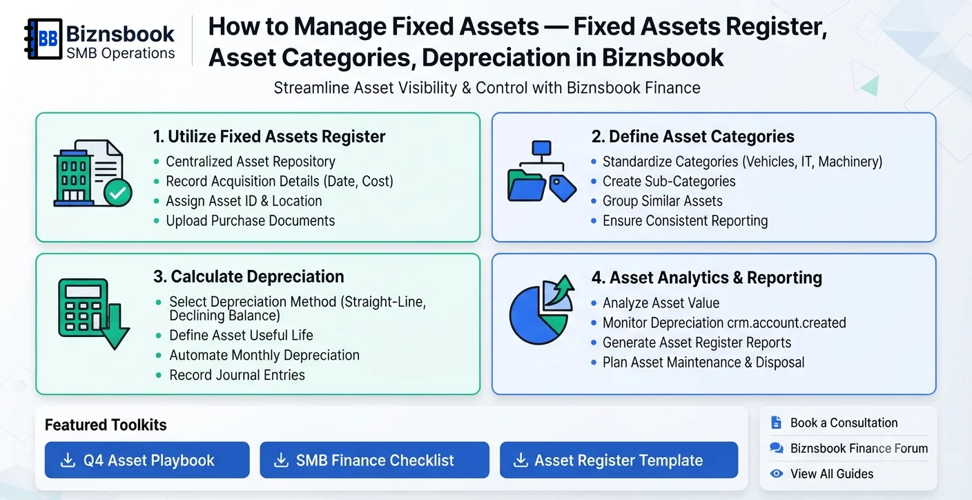 Accountant reviewing the fixed assets register and depreciation schedule in Biznsbook