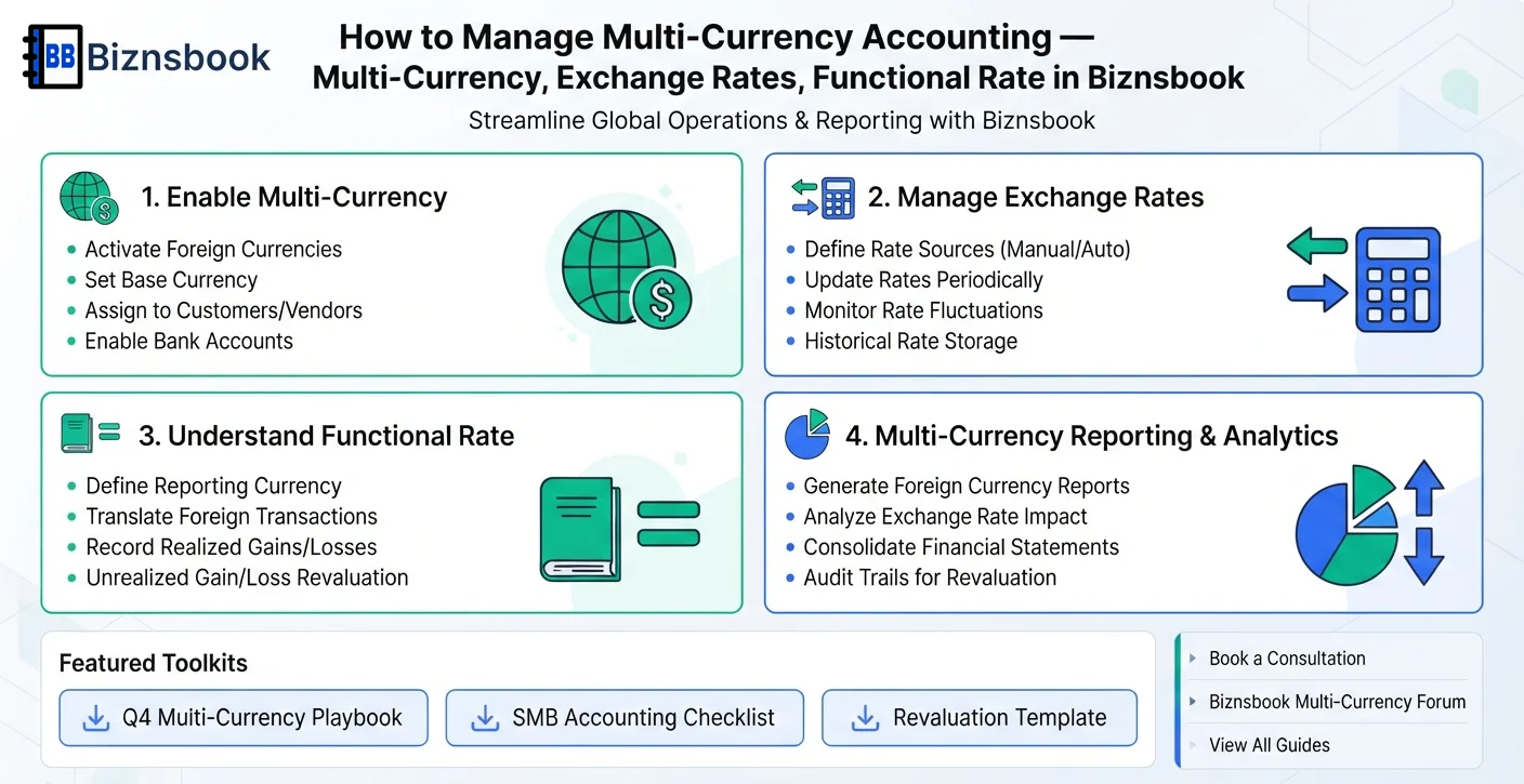 Finance analyst reviewing foreign currency transactions and exchange rates