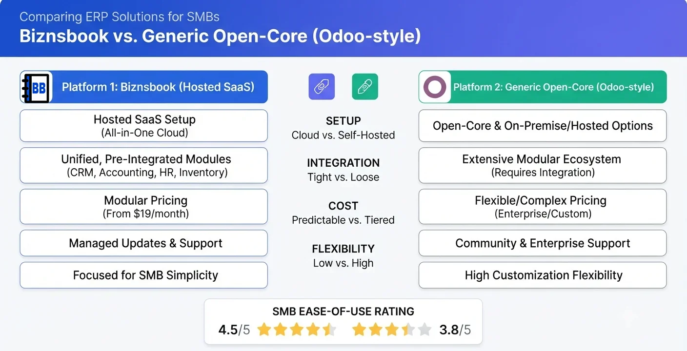 Business owner comparing Biznsbook and Odoo ERP options on a laptop