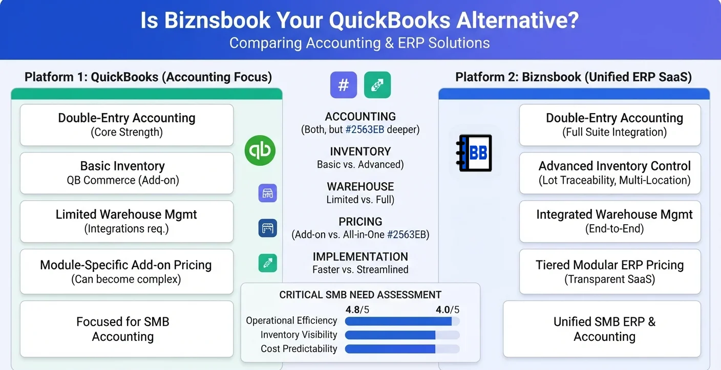Finance and inventory managers comparing QuickBooks and Biznsbook workflows