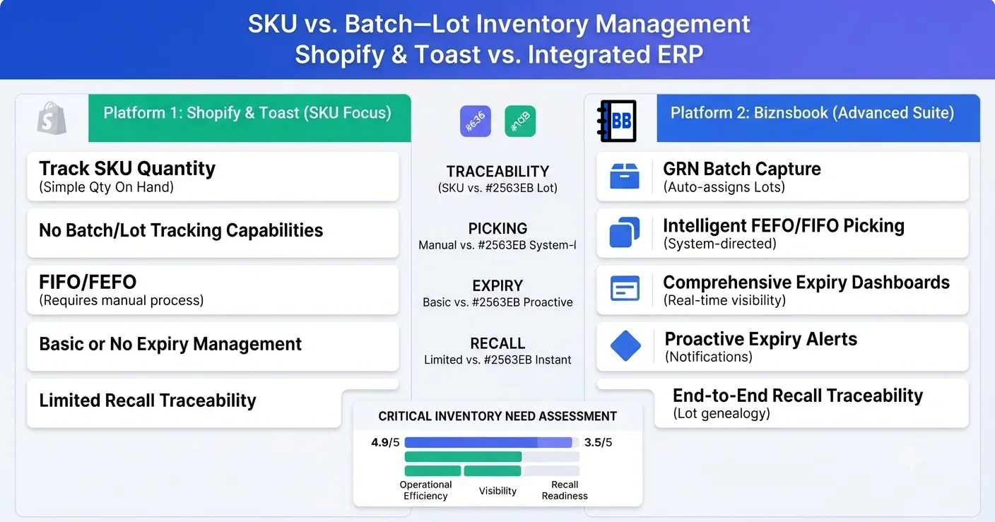 Supplement store manager reviewing batch expiry dashboard instead of a separate spreadsheet beside Shopify