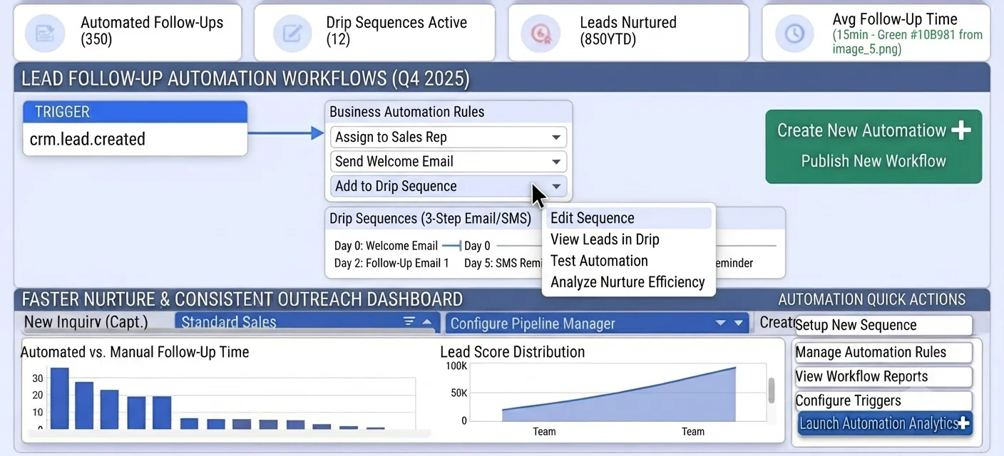 Marketing specialist activating a lead follow-up automation and drip sequence workflow