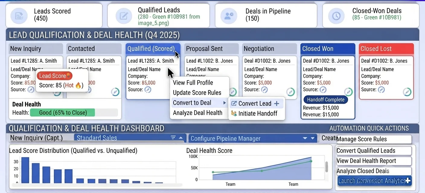 Revenue operations analyst comparing lead scores and conversion outcomes in CRM