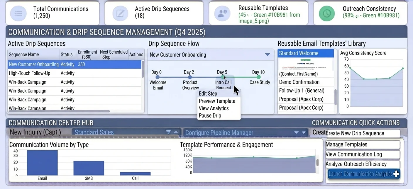 Customer success manager building drip messages and email templates in Communication Center