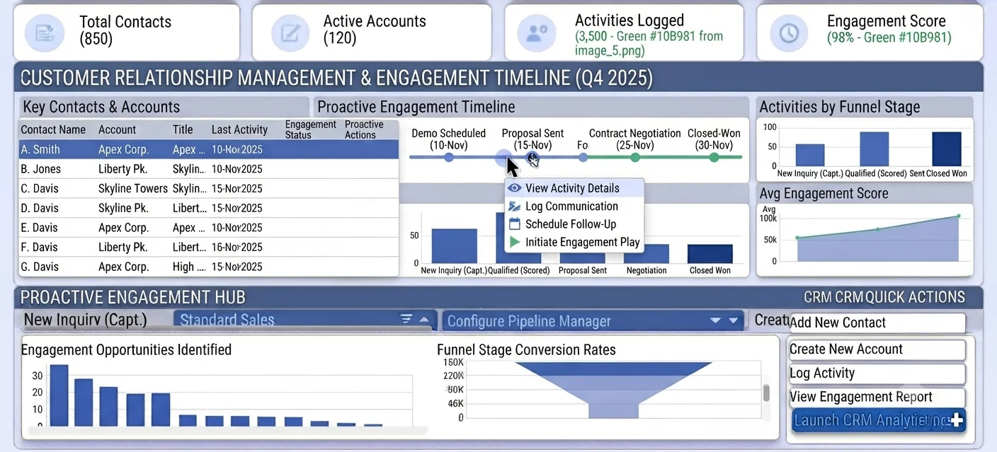 Account manager reviewing contact, account, and activity timeline in CRM