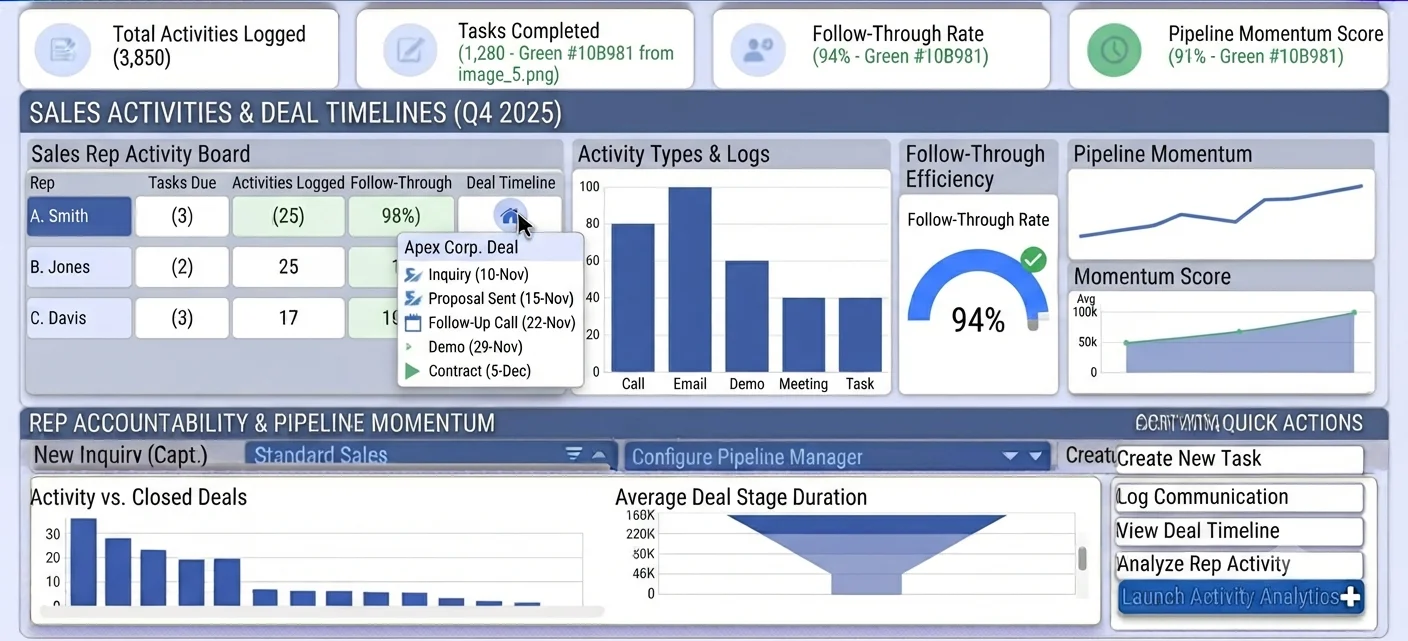 Sales manager reviewing tasks and activity timeline entries for active deals