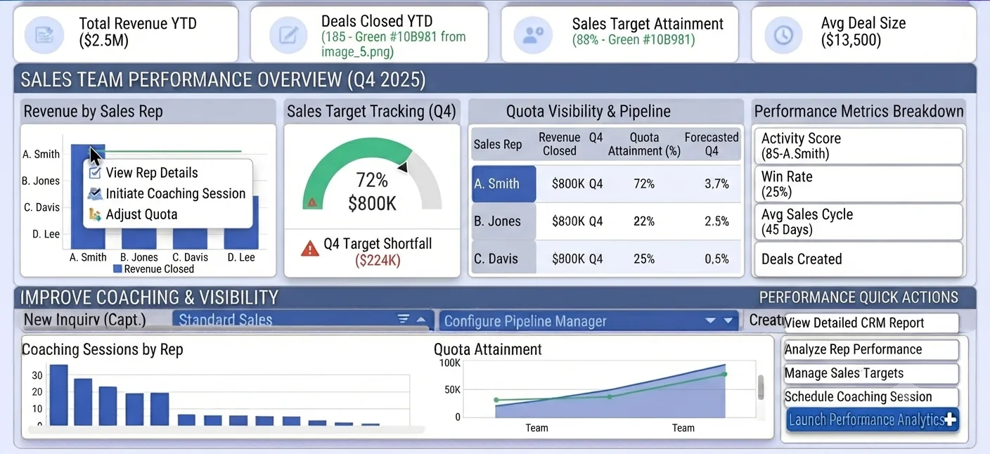 Sales director reviewing team KPIs on the CRM performance dashboard