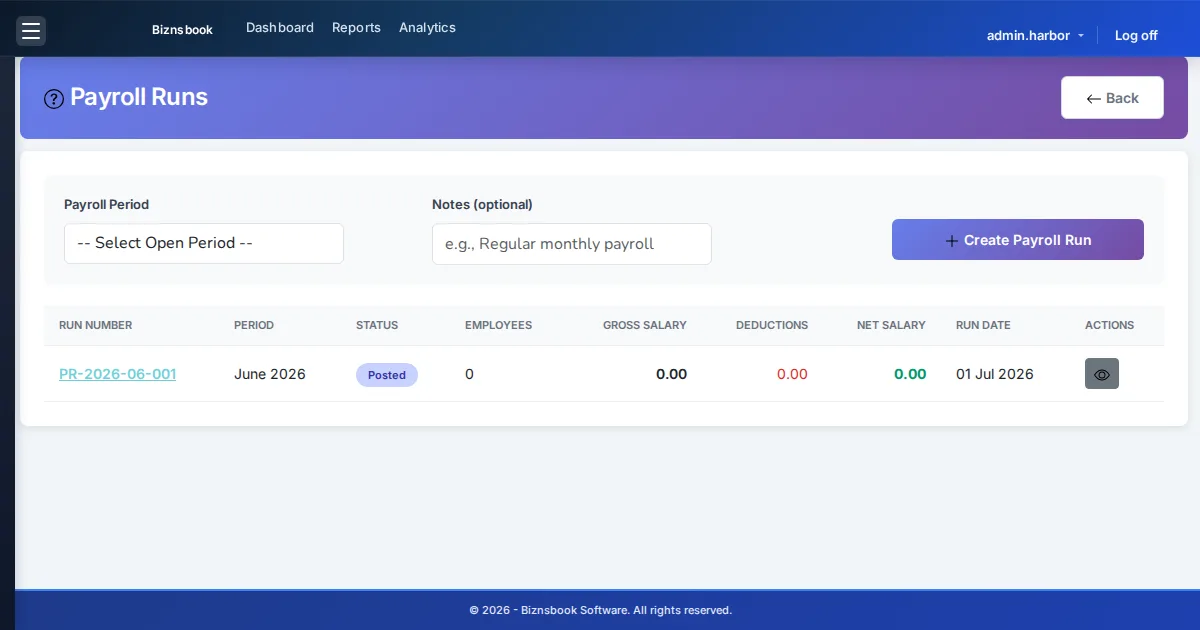 Payroll specialist running staged payroll workflow from draft to paid in HRMS dashboard