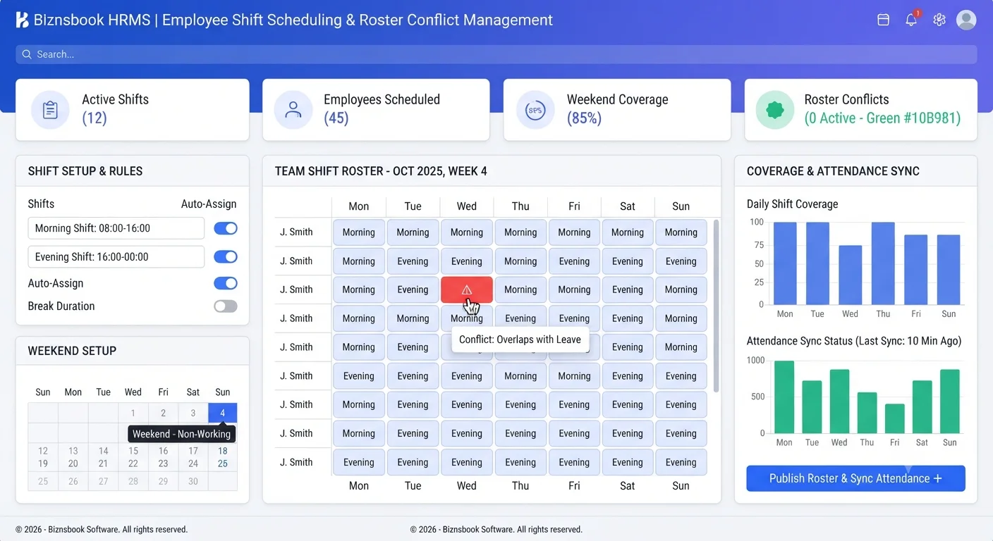 HR scheduler configuring employee shifts, weekend rules, and attendance synchronization