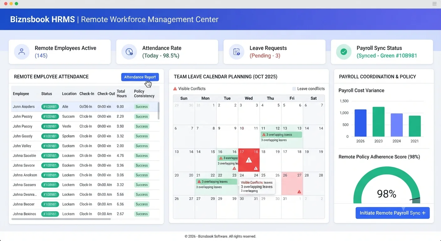 HR manager monitoring remote employee attendance and leave calendar with payroll coordination