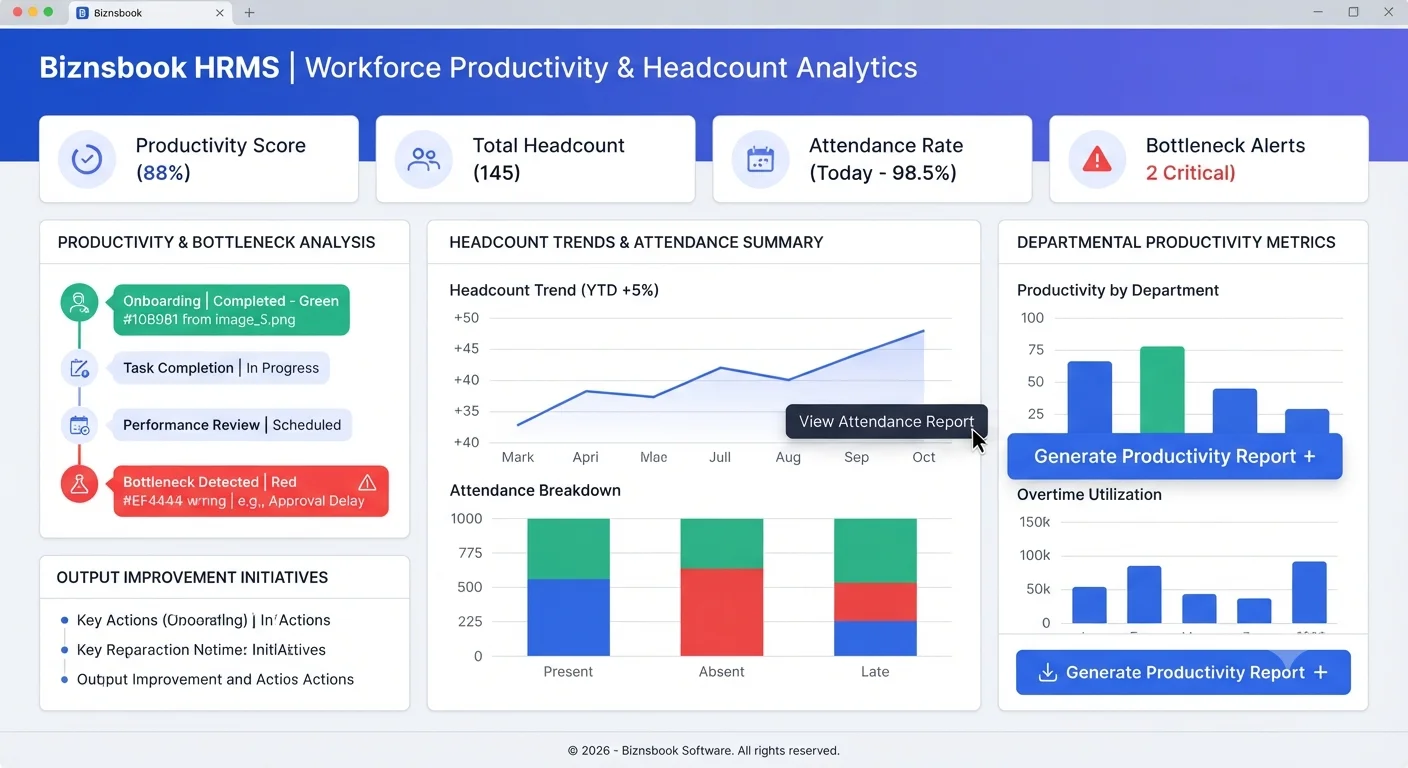 HR leader tracking workforce productivity using dashboard headcount and attendance trend panels