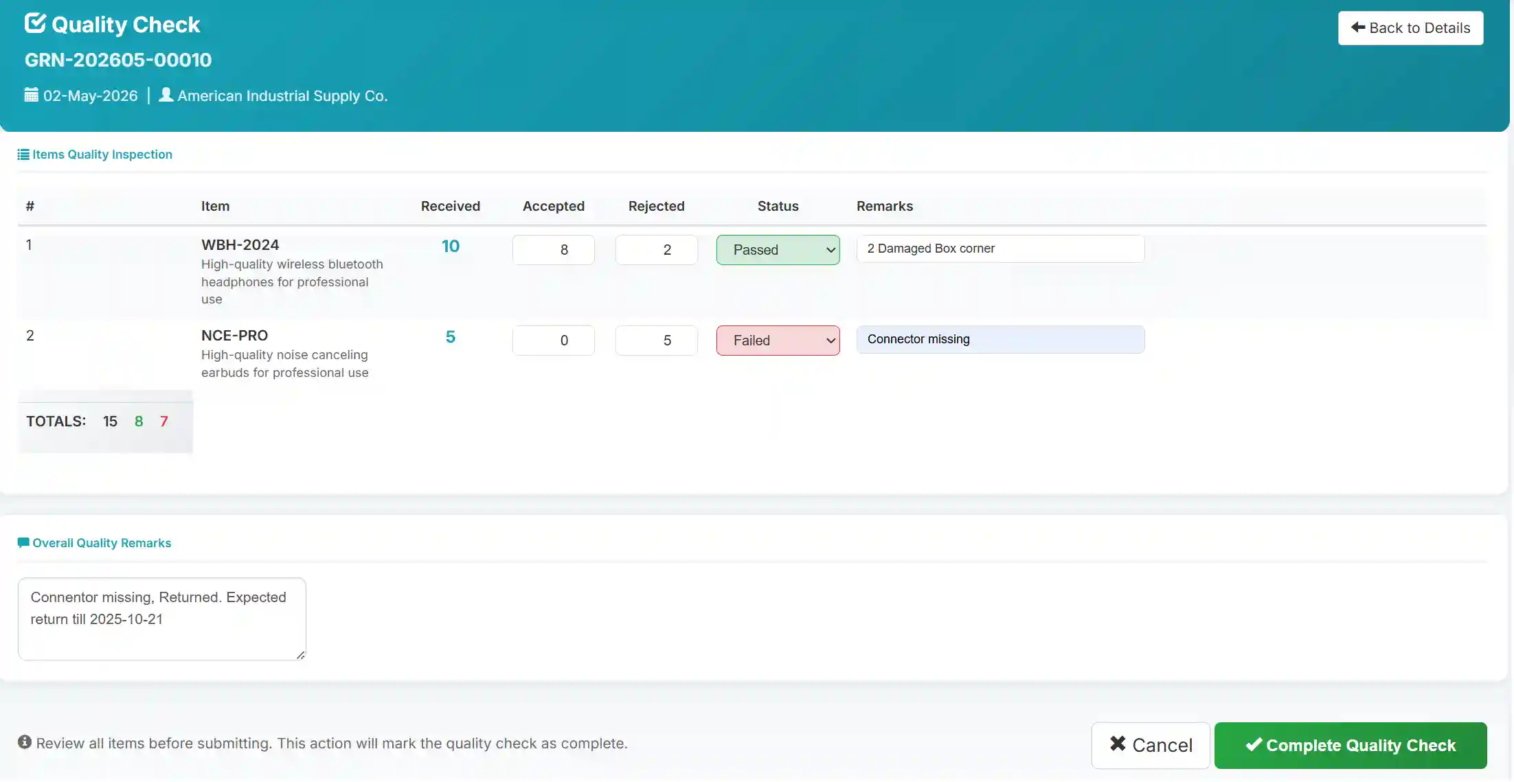 Quality inspector recording rejected quantities on GRN quality check screen