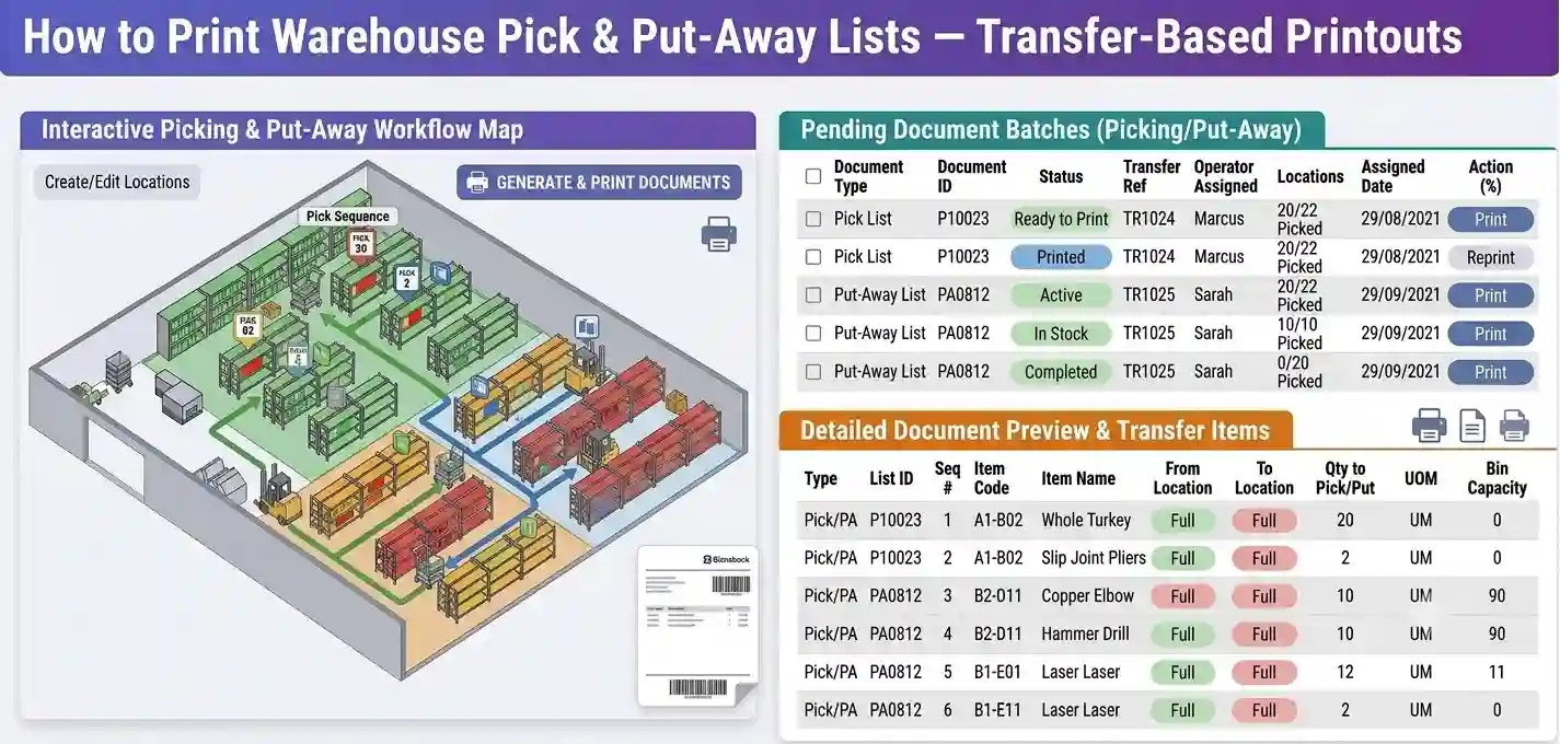 Warehouse associate using a printed pick list beside labeled shelf bins