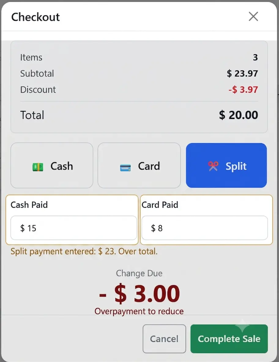 POS checkout modal showing cash and card split payment amounts