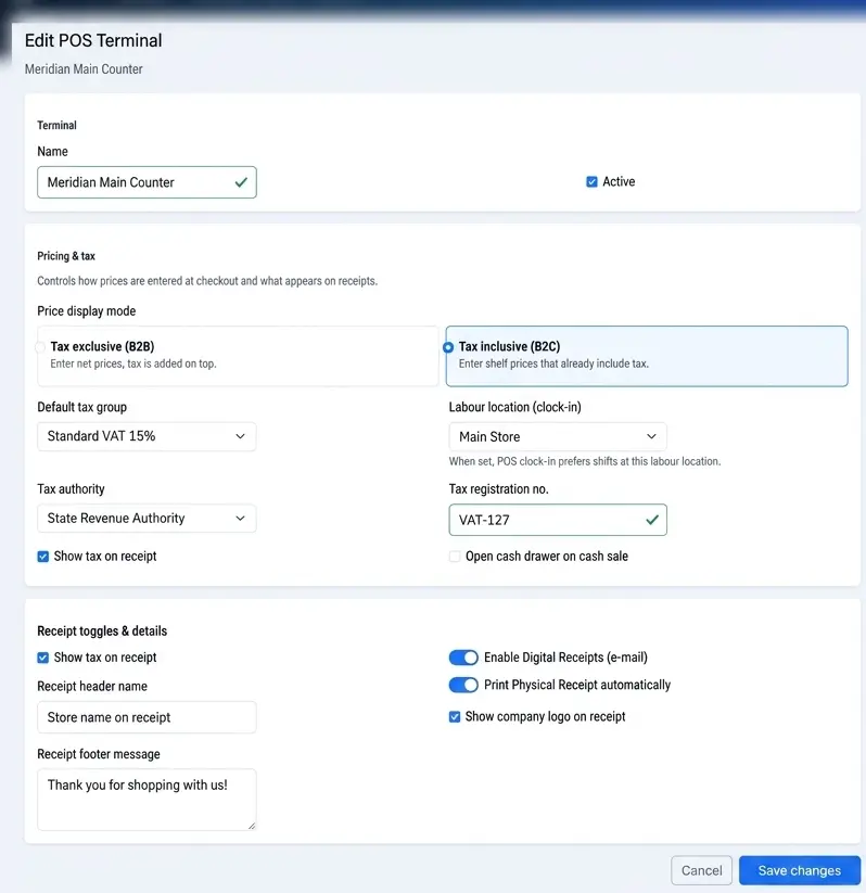 Admin editing a POS terminal form with receipt branding and drawer settings