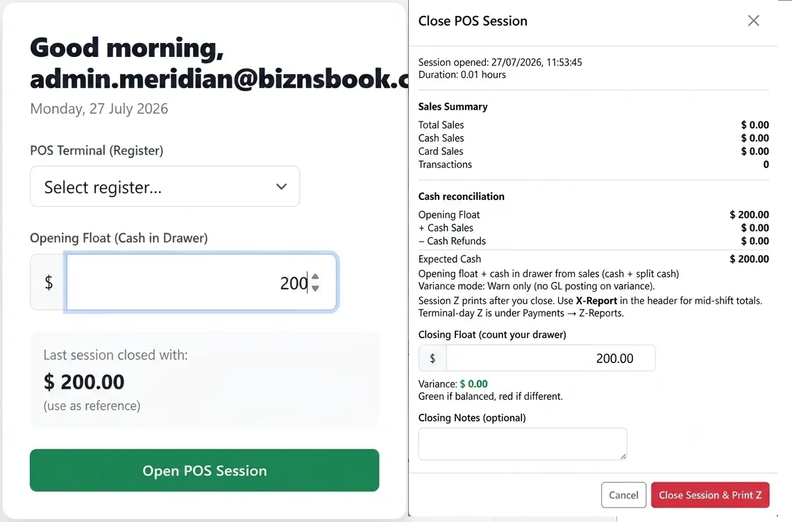 Cashier opening a POS session with register selection and opening float in Biznsbook