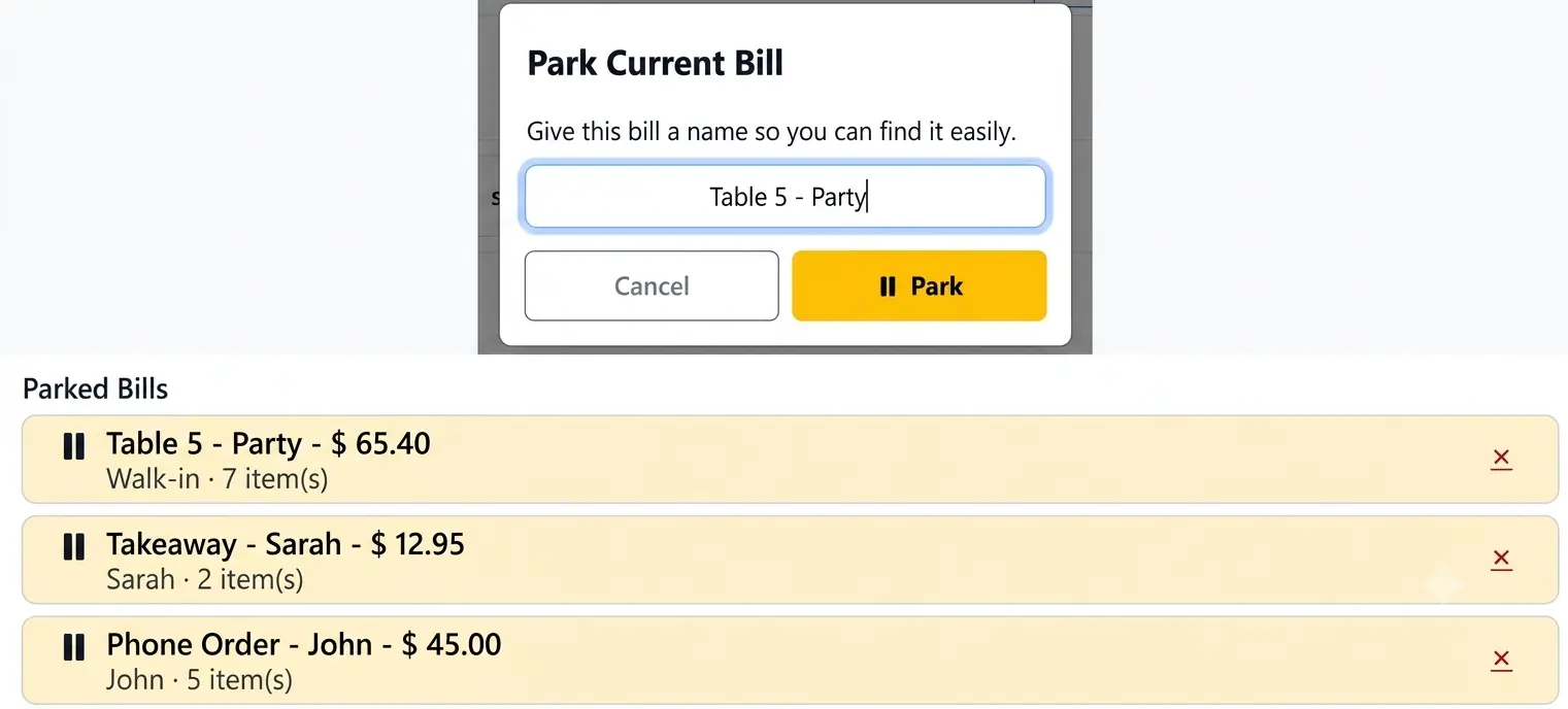 POS parked bills drawer showing labeled held carts ready to resume