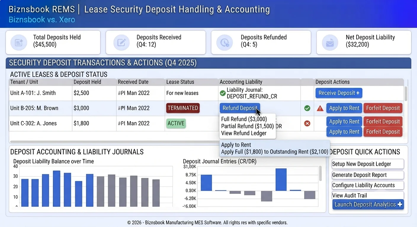 Property accountant reviewing security deposit held and refund actions on a lease detail screen