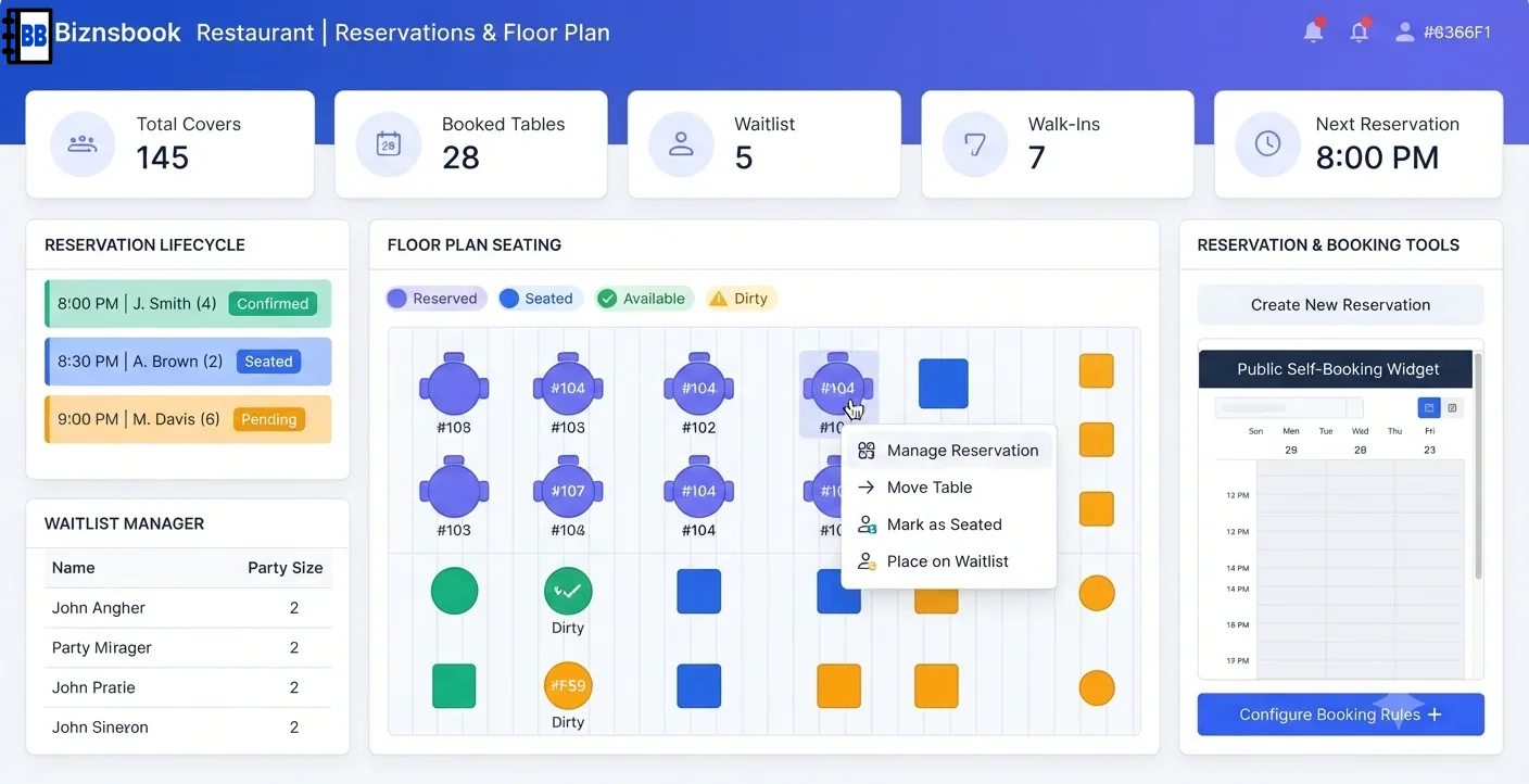 Host managing reservations and waitlist with upcoming booking badge on live floor plan