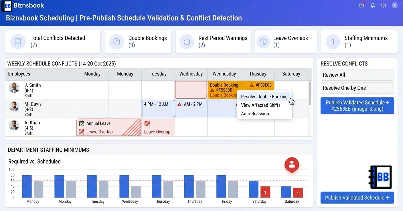 Scheduler reviewing red and yellow conflict badges on a weekly roster grid