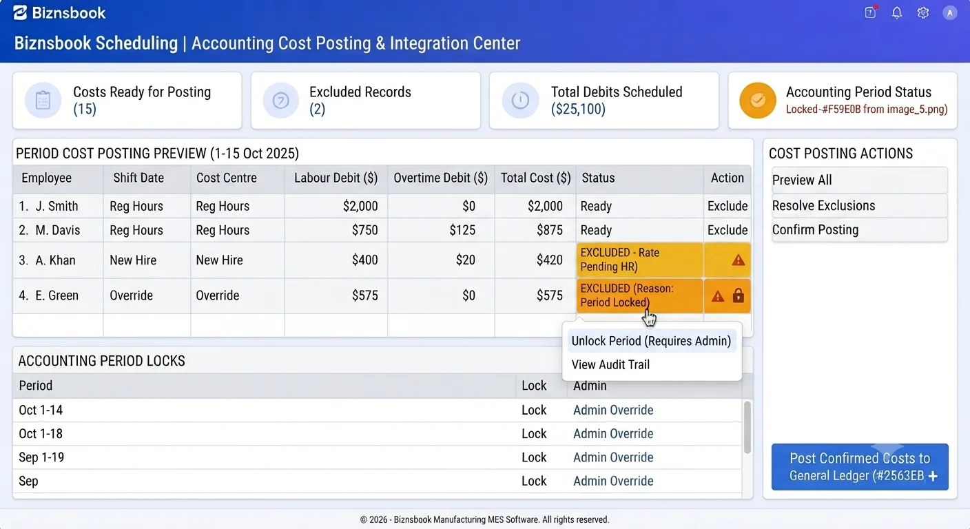 Accountant previewing scheduling labour cost posting with excluded records breakdown