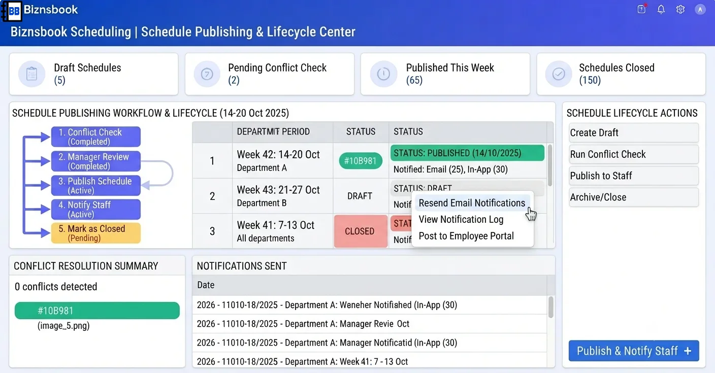 Scheduler clicking publish on a completed weekly roster with notification preview