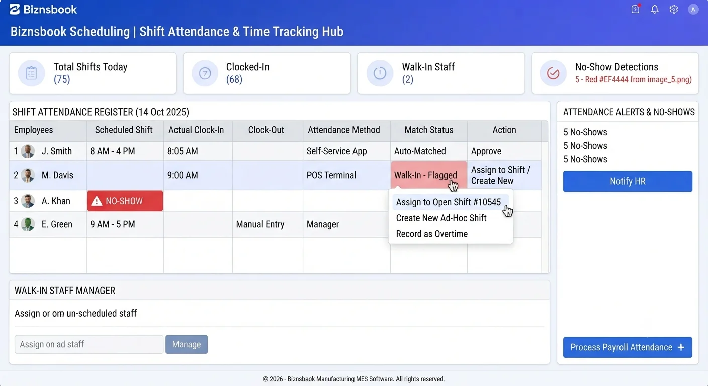 Employee clocking in on My Attendance with today scheduled shift shown