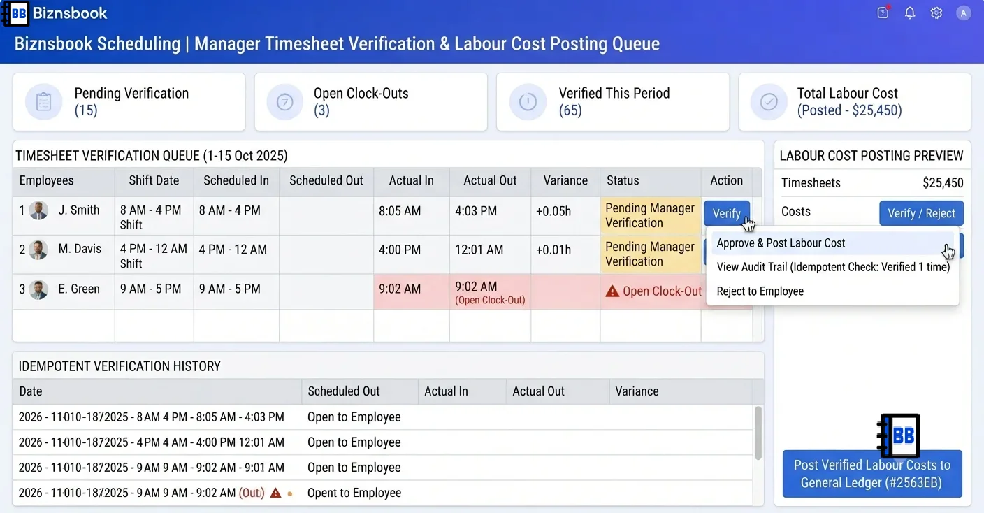 Manager verifying completed shift attendance records in a timesheet queue