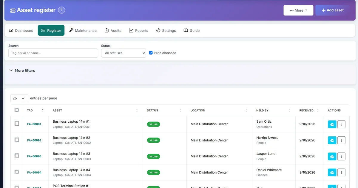 Biznsbook fixed asset register with status and location