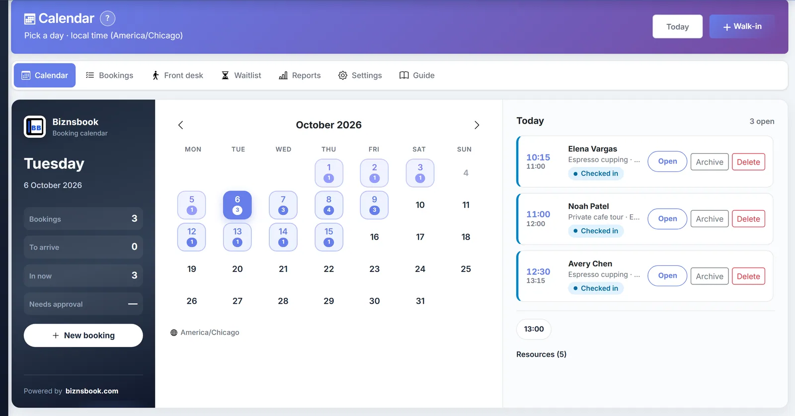 Biznsbook booking calendar for today