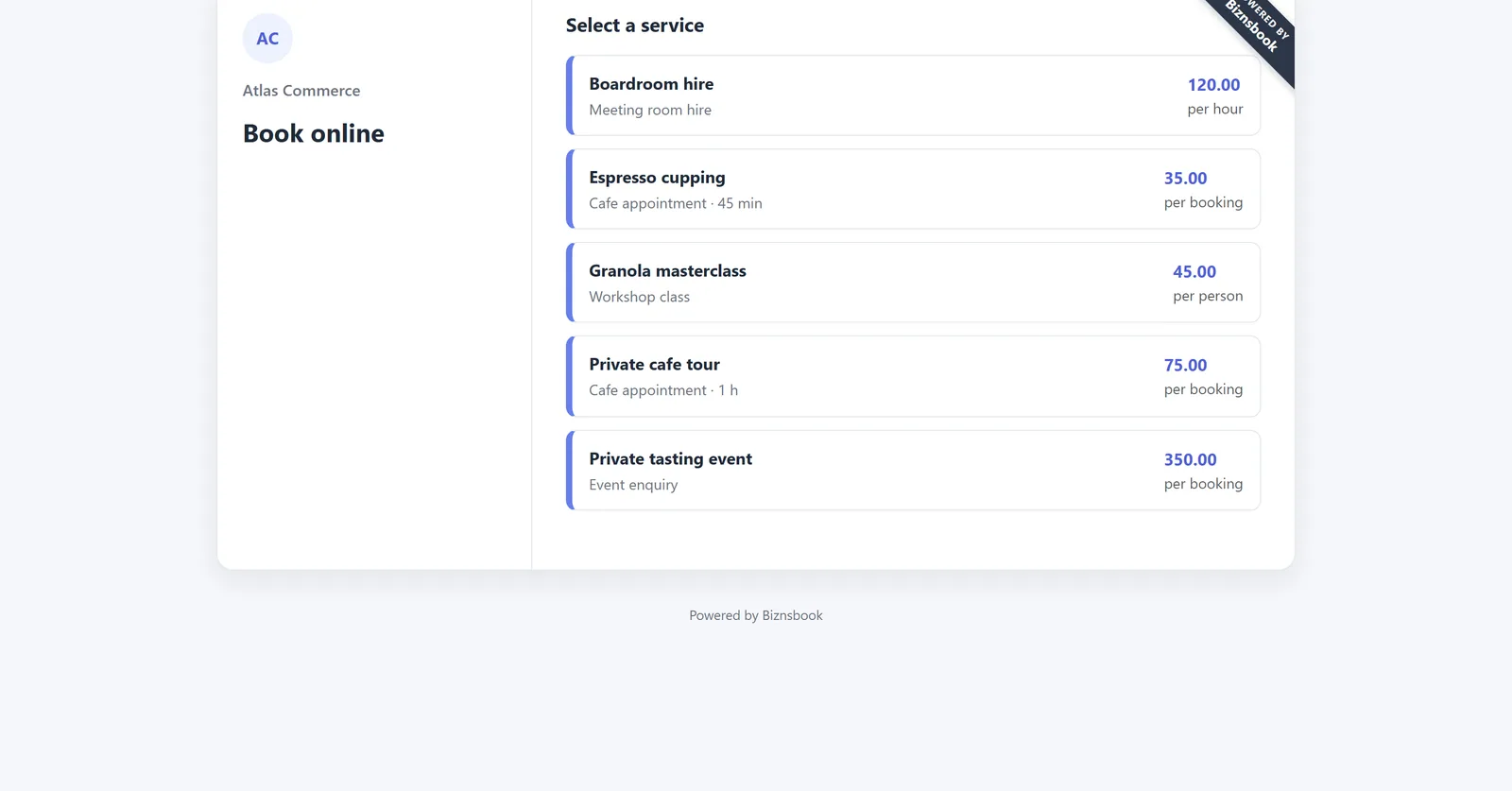 Biznsbook public booking page listing bookable services