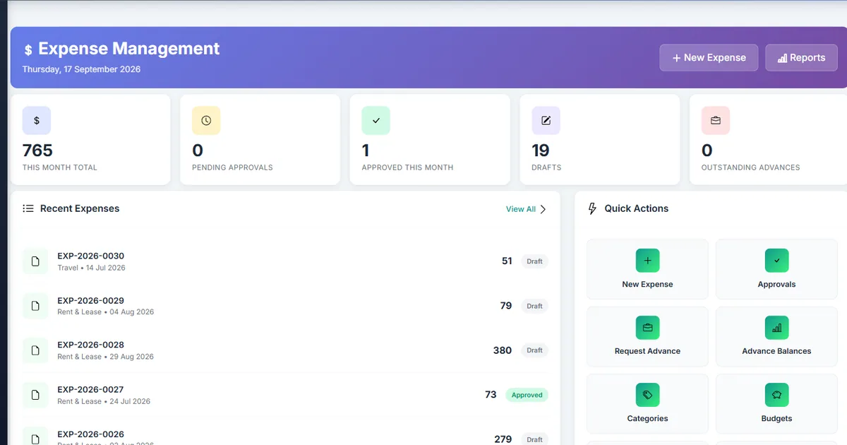Biznsbook expense management dashboard with pending approvals and recent expenses