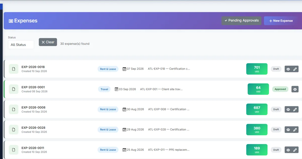Biznsbook expense list with categories, amounts and approval status