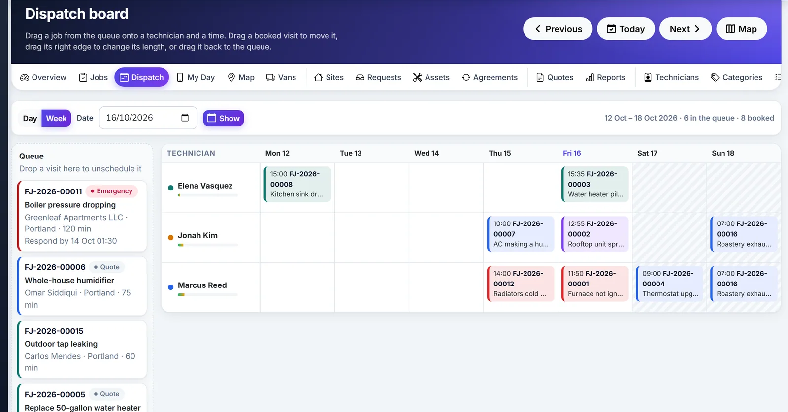 Biznsbook field service dispatch board by technician and week