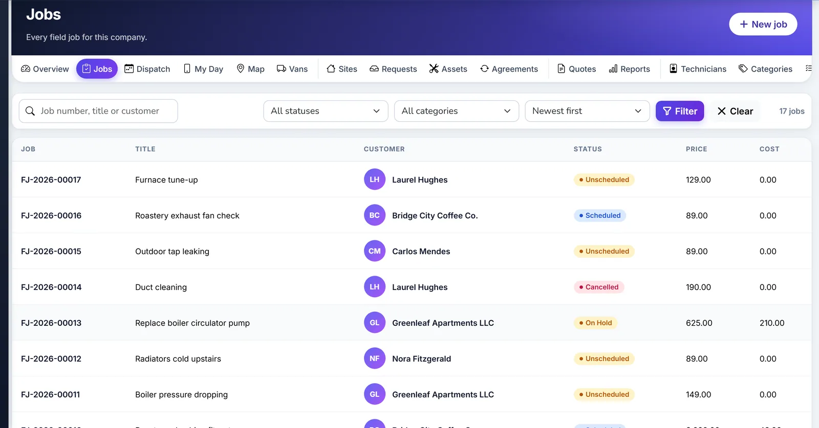 Biznsbook field service jobs list with status