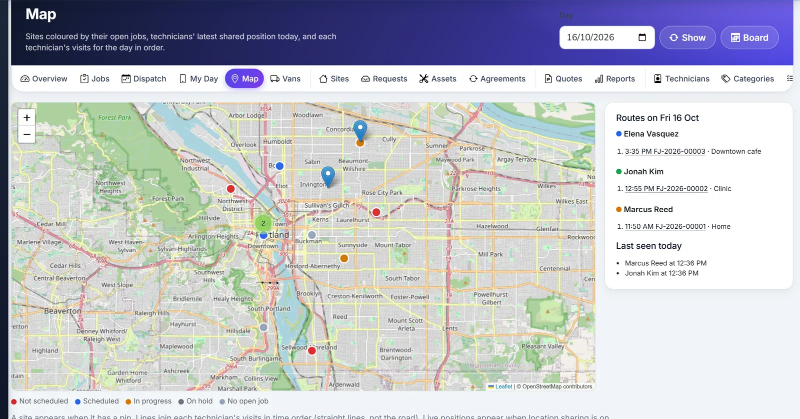 Biznsbook field service map of jobs and technicians