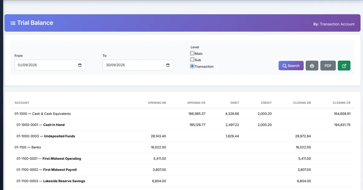 Biznsbook trial balance with opening, movement and closing balances per account